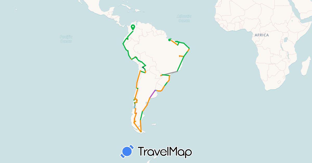 TravelMap itinerary: driving, bus, plane, train, hiking, boat, hitchhiking in Argentina, Bolivia, Brazil, Chile, Colombia, Ecuador, Peru, Uruguay (South America)