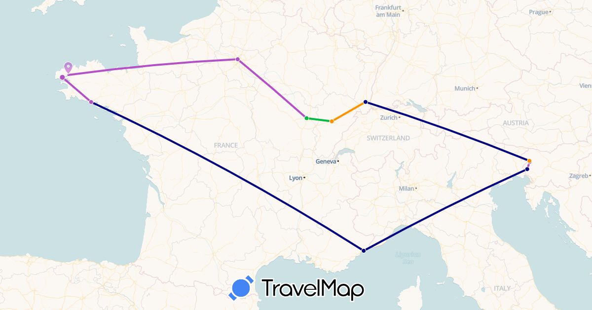 TravelMap itinerary: driving, bus, train, hitchhiking in France, Slovenia (Europe)